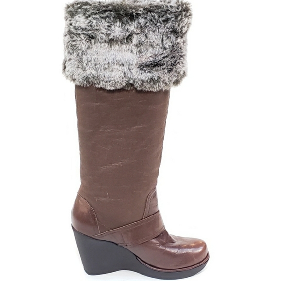 Aldo Tall Wedge Fur Boots Brown Leather Buckle - Picture 7 of 8